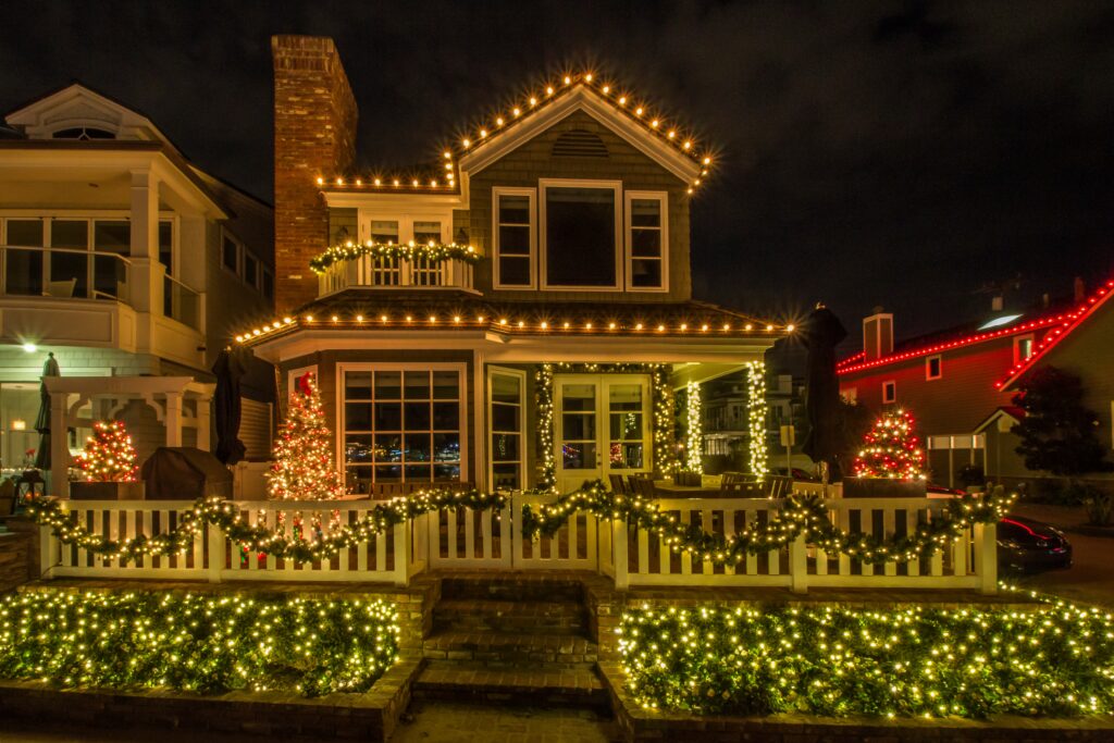 Festively decorated house with lights